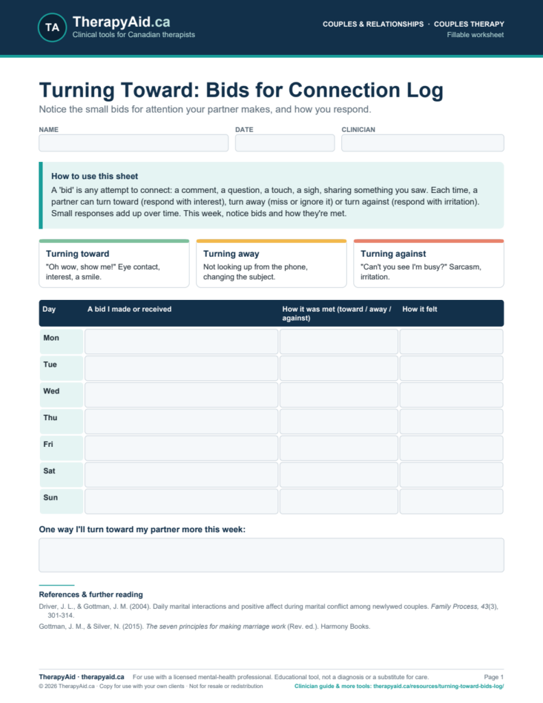 Preview of the Turning Toward: Bids for Connection Log worksheet