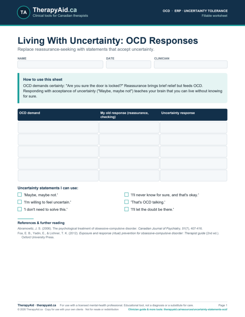 Preview of the Living With Uncertainty: OCD Responses worksheet