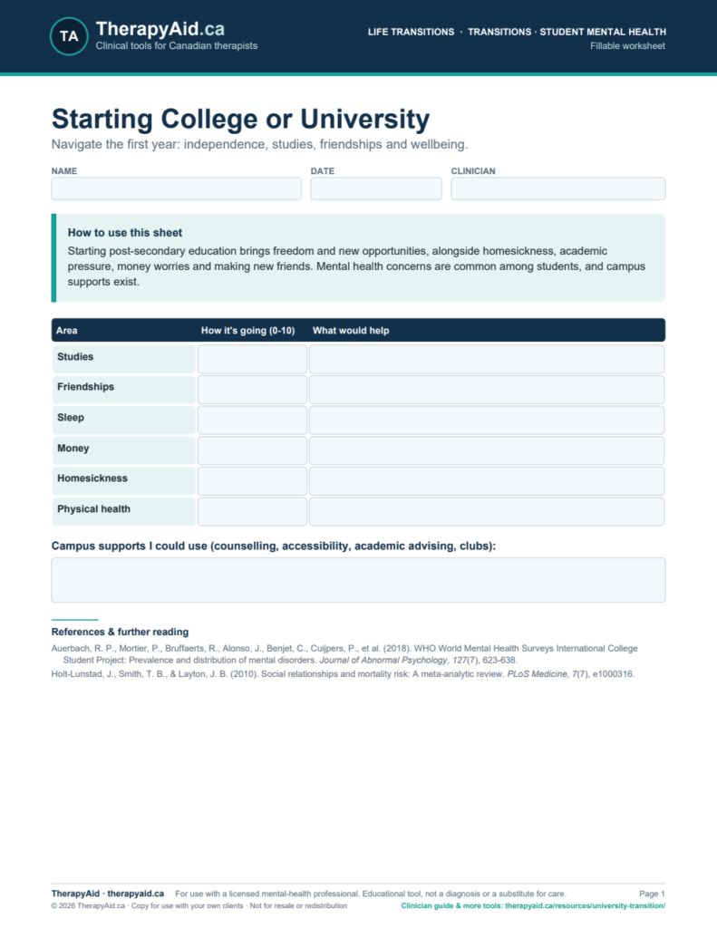 Preview of the Starting College or University worksheet