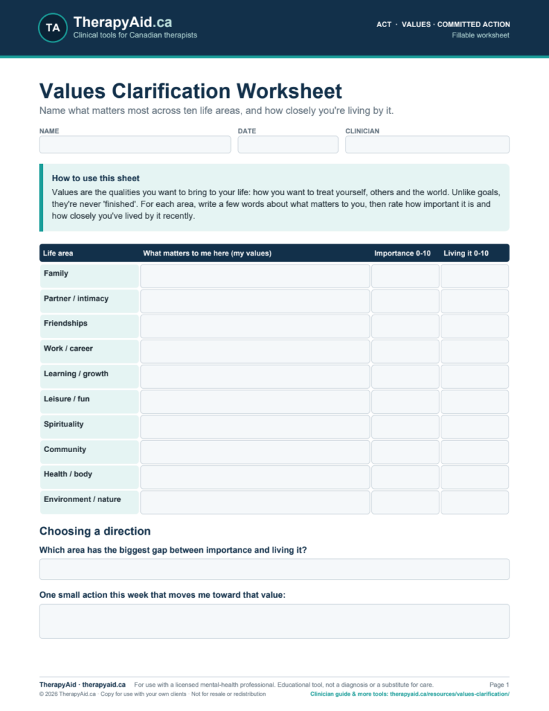 Preview of the Values Clarification Worksheet worksheet
