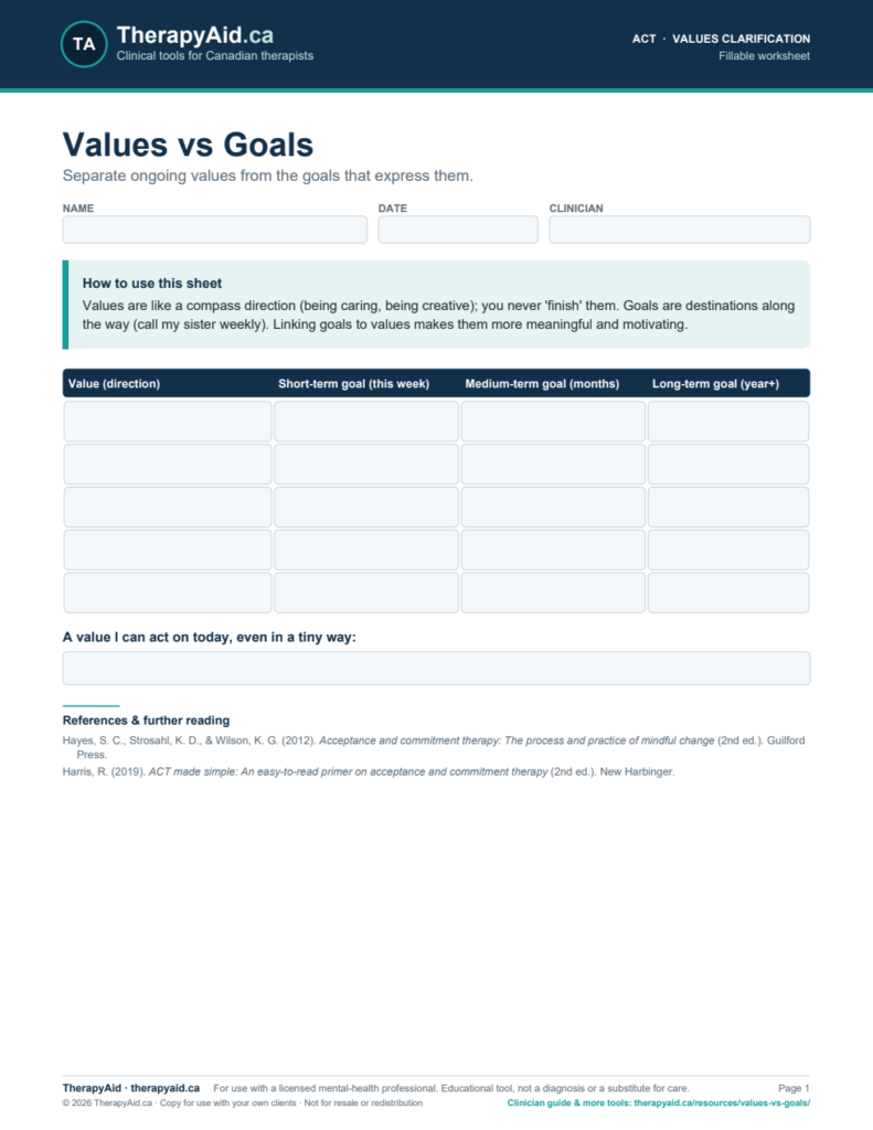 Preview of the Values vs Goals worksheet