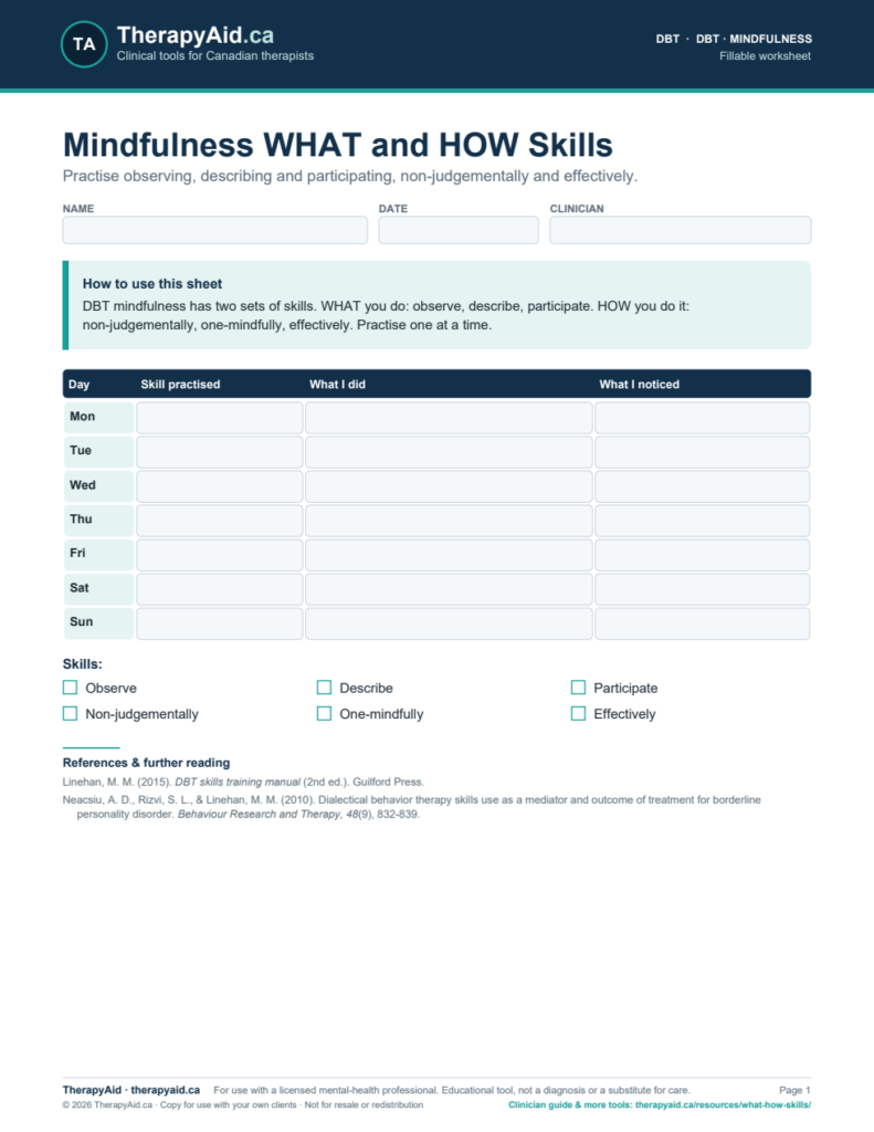 Preview of the Mindfulness WHAT and HOW Skills worksheet