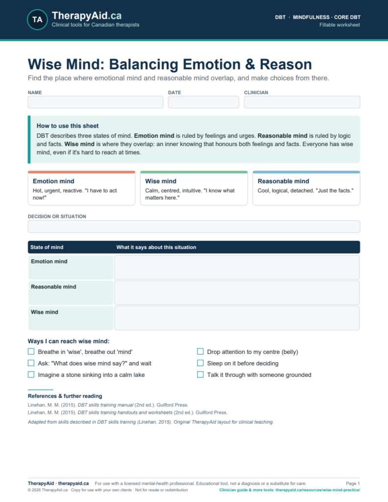 Preview of the Wise Mind: Balancing Emotion & Reason worksheet