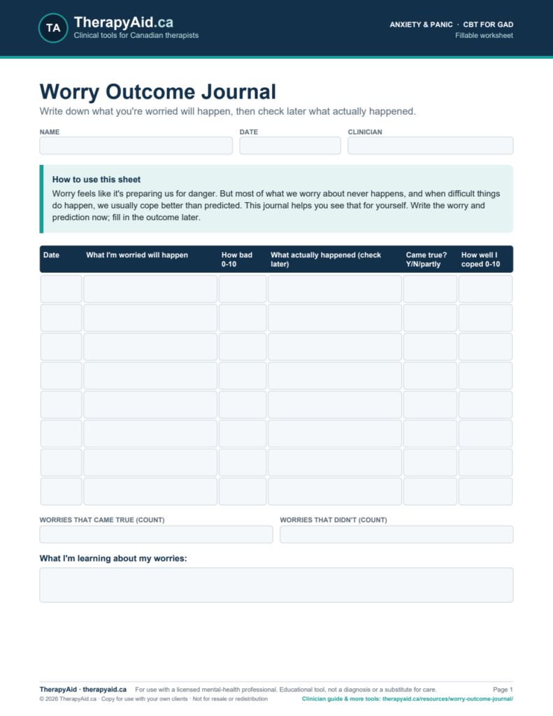 Preview of the Worry Outcome Journal worksheet