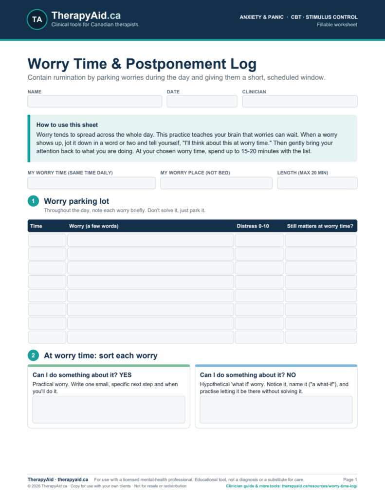 Preview of the Worry Time & Postponement Log worksheet